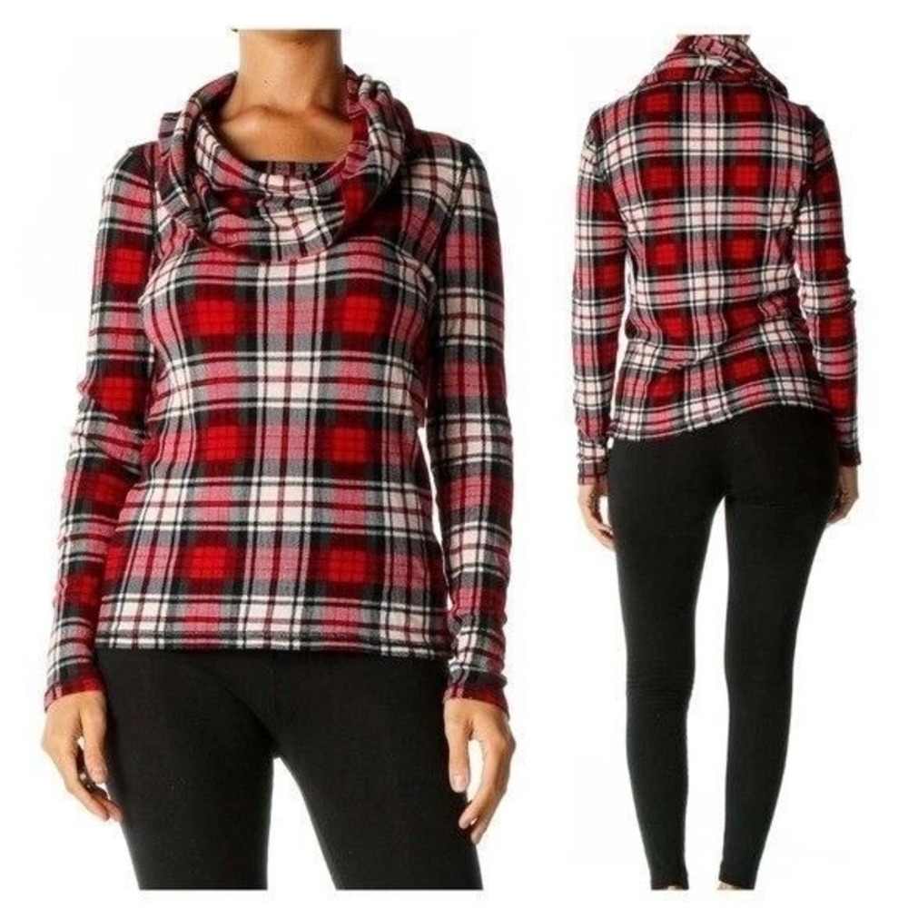 Lauren Ralph Lauren Plaid Cowl Neck Long Sleeve Pullover Top Christmas holiday M